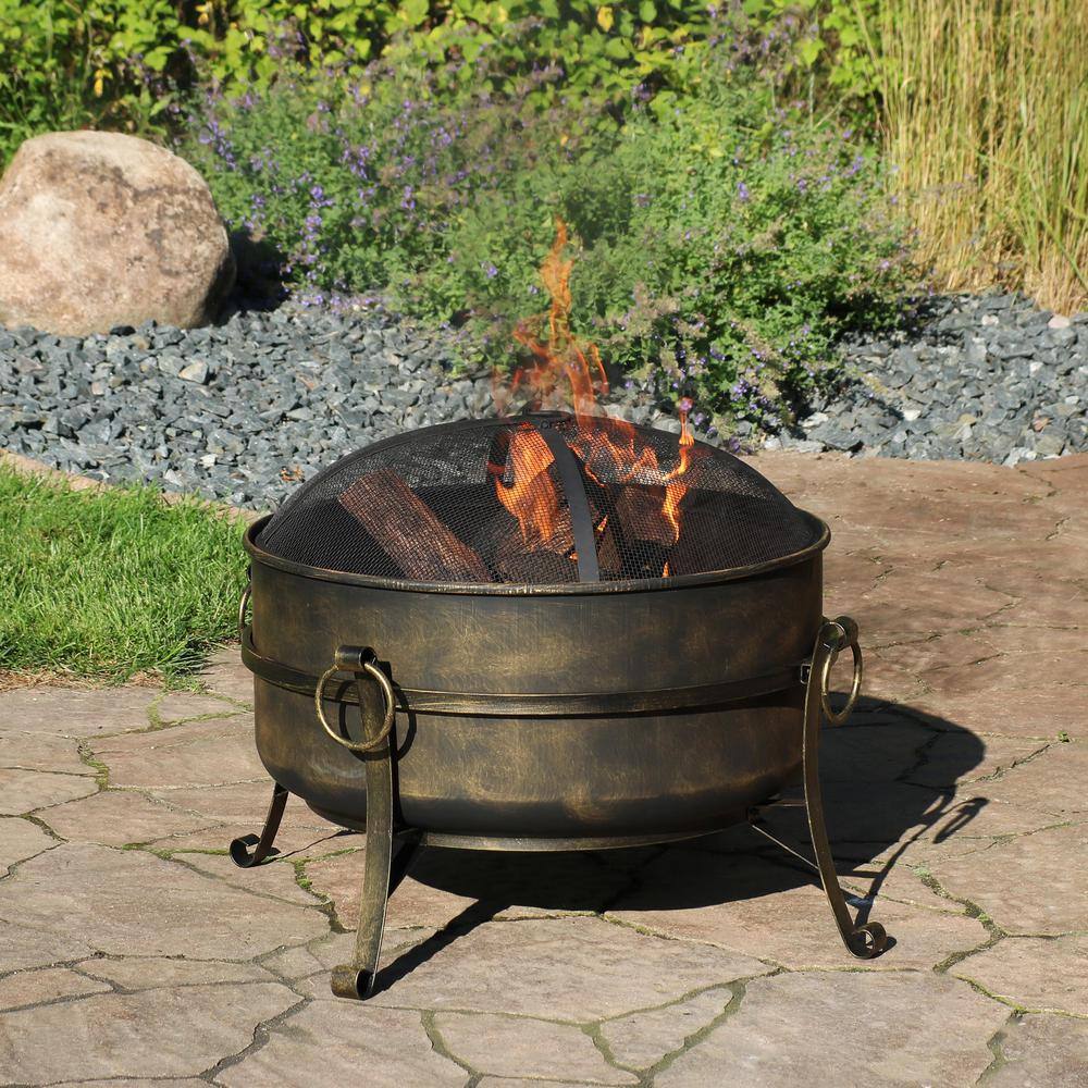 Sunnydaze Decor Cauldron 24 in. x 23 in. Round Steel Wood Fire Pit with Spark Screen in Black NB-CF24