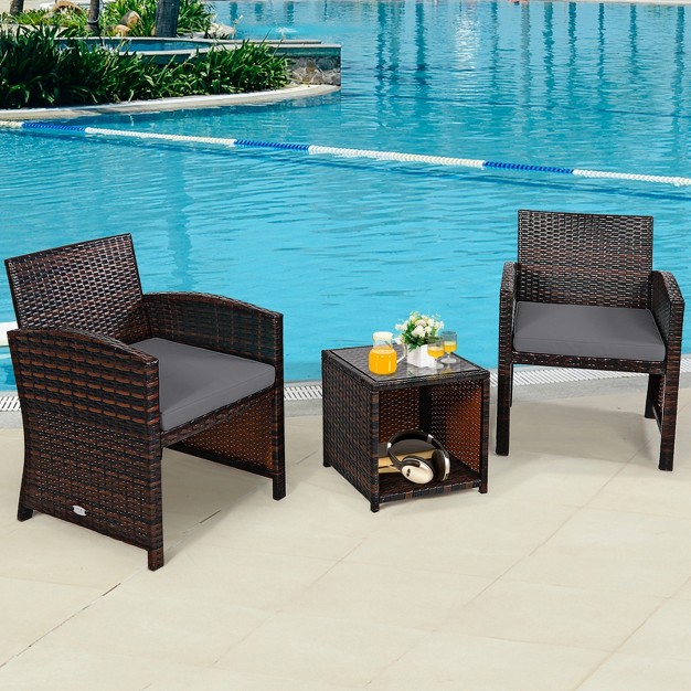 Tangkula 3 Pcs Patio Rattan Furniture Set Conversation Chair Set With Soft Cushion amp Coffee Table For Backyard Poolside Garden Gray