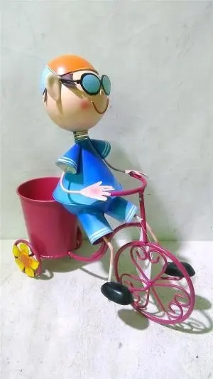 Metal girl ride a bicycle with a pot garden bicycle flower planter ornamental bicycle decoration