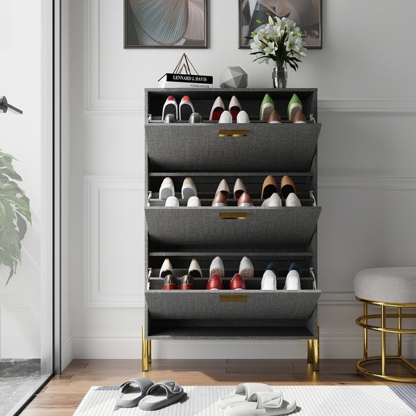 31.5W 48.2H Shoe Storage Cabinet Grey Metal Handles Legs Space Save - - 37028707