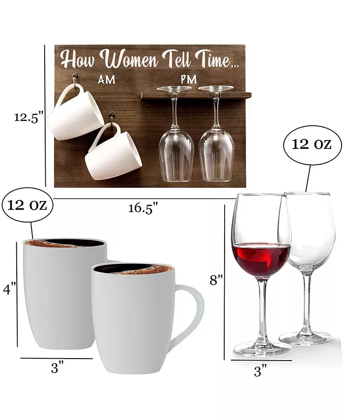 Bezrat How Woman Tell Time Wall Mounted Wine Rack with Wine Glasses and Coffee Mugs Set of 5