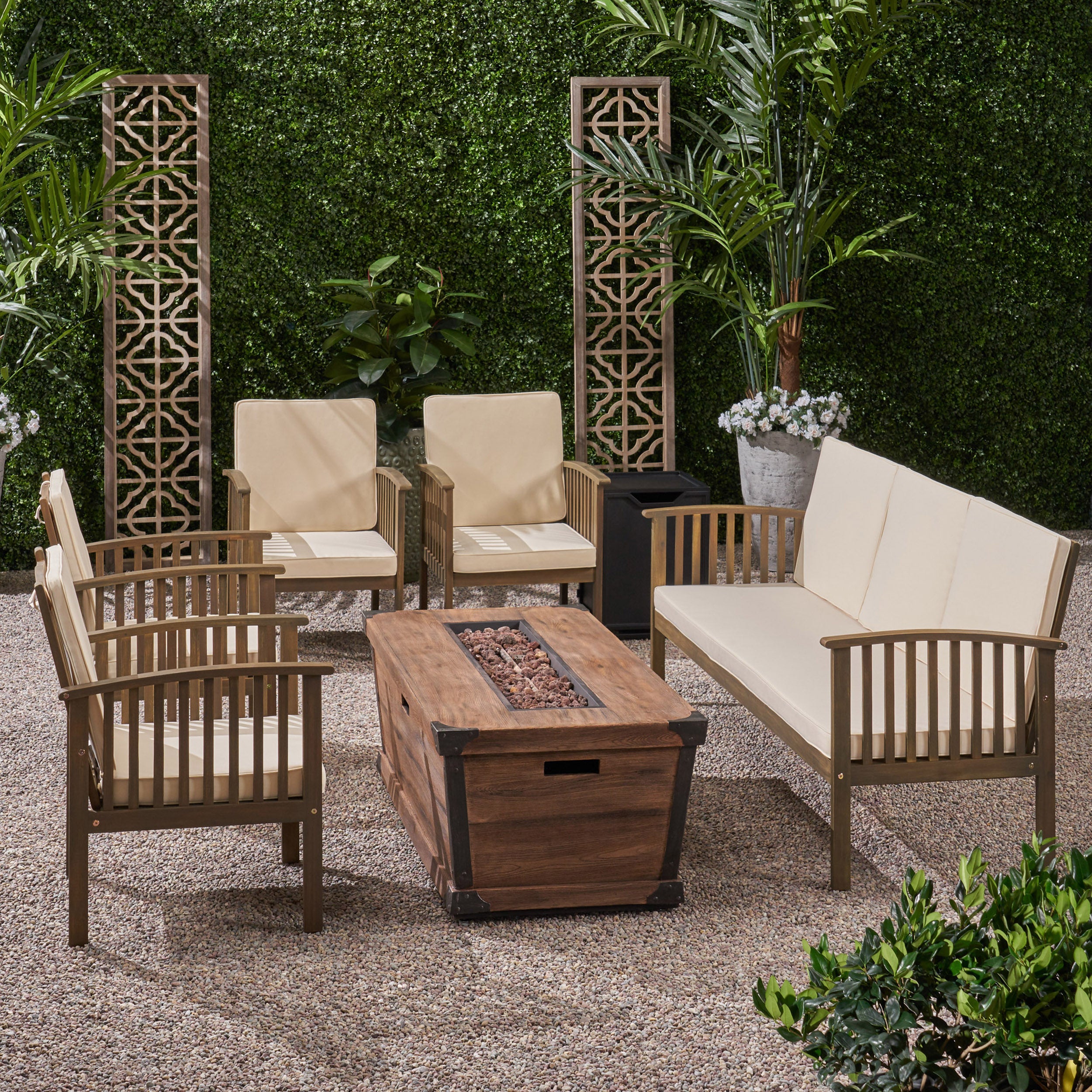 Beckley Outdoor 5 Piece Acacia Wood Conversational Set with Cushions and Fire Pit