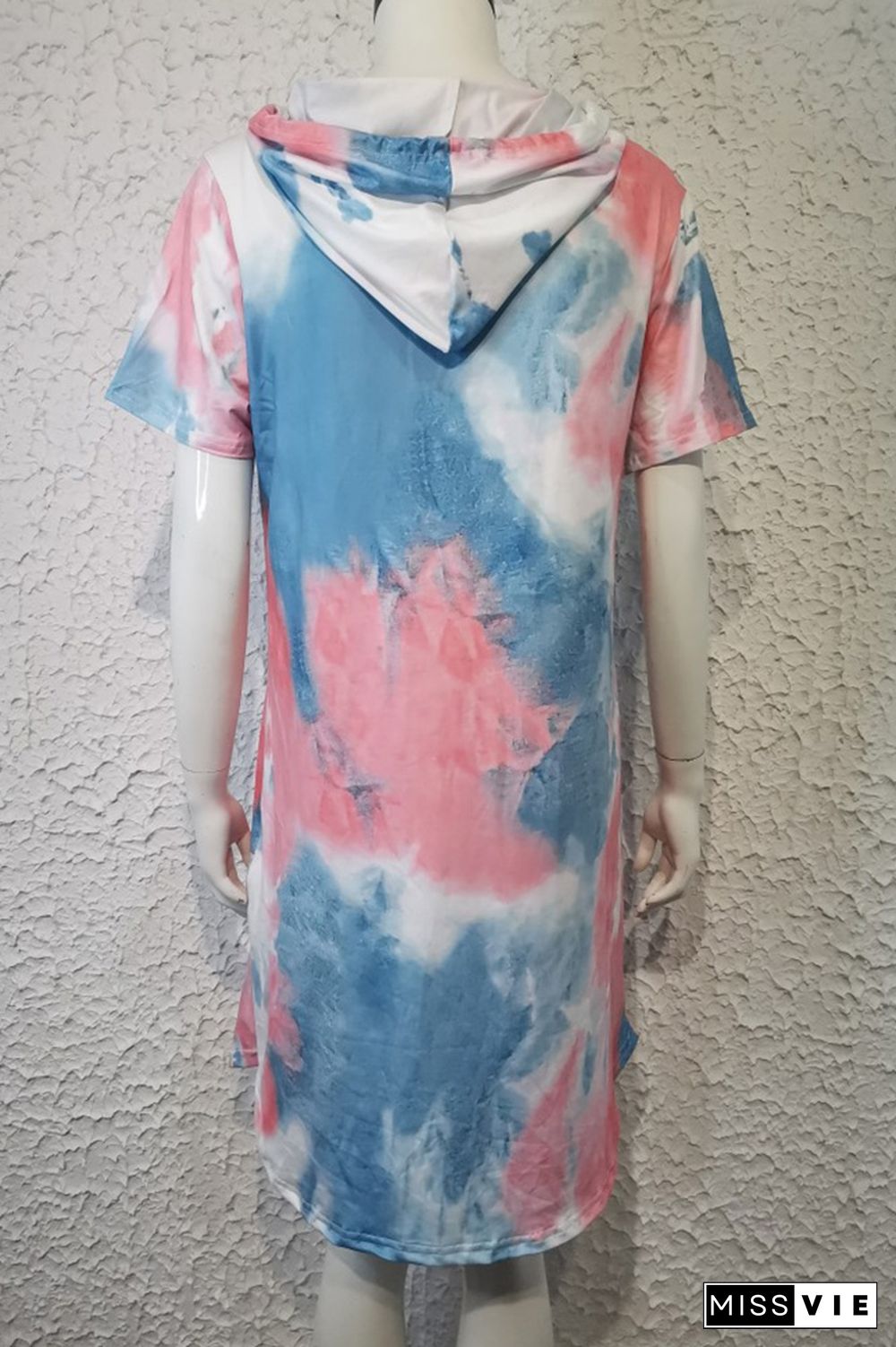 Blue Tie Dye Kangaroo Pocket Short Sleeves Hoodies Dress