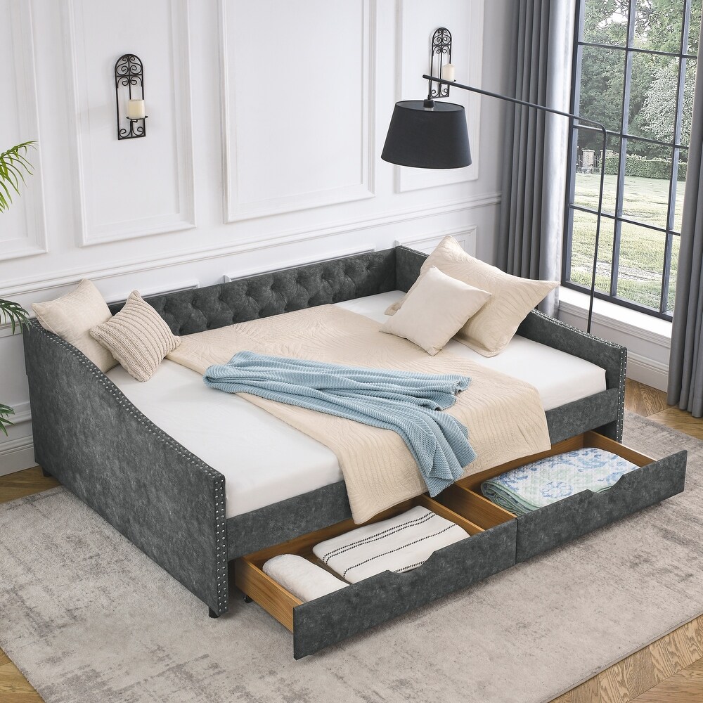 Upholstered Tufted Daybed with Drawers and Copper Nail on Waved Shape Arms