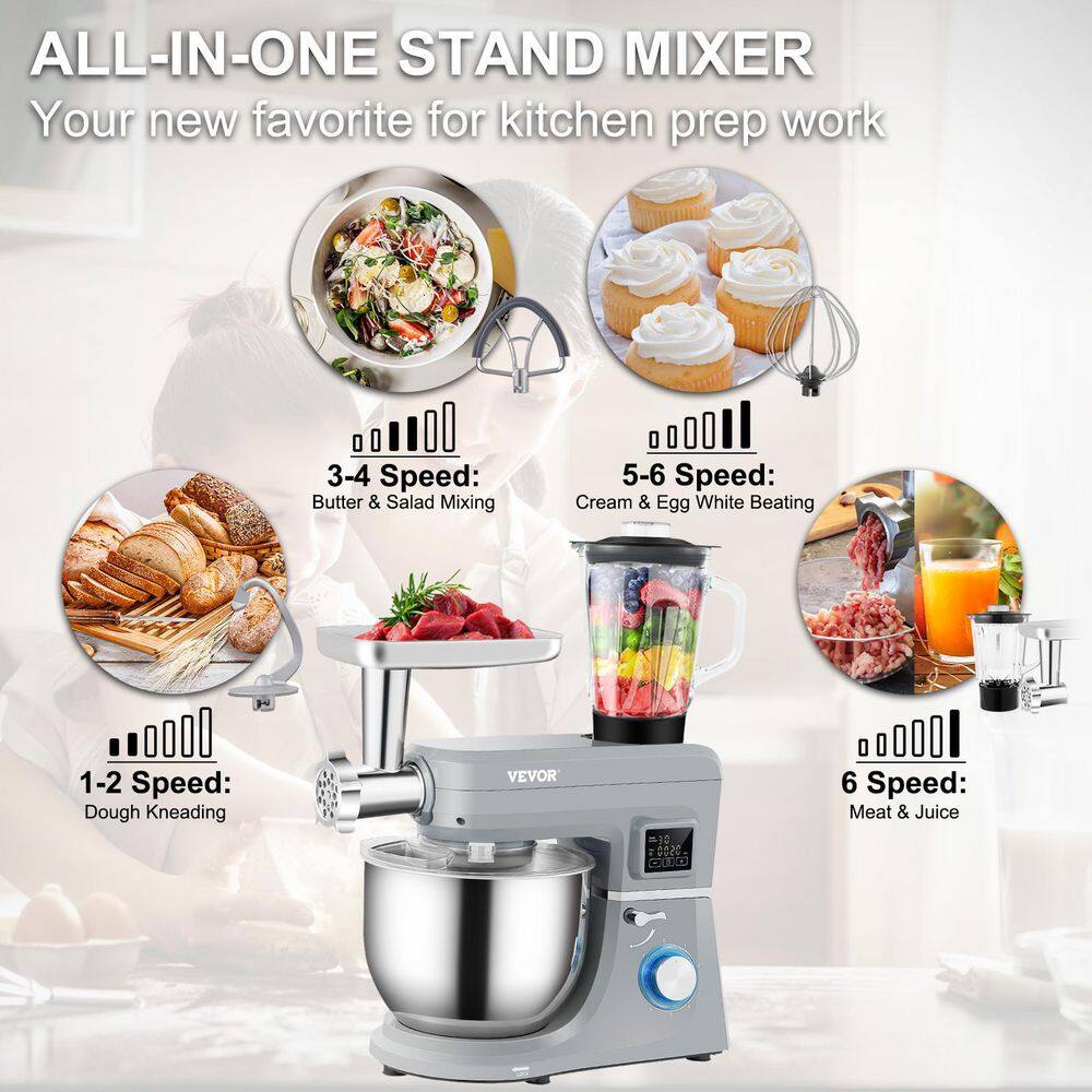 VEVOR 7.4 Qt. 5-In-1 Stand Mixer 660-Watt Multi-Functional Electric Mixer with Stainless Bowl Gray ZRLLSJBJLSDFJR1CDV1