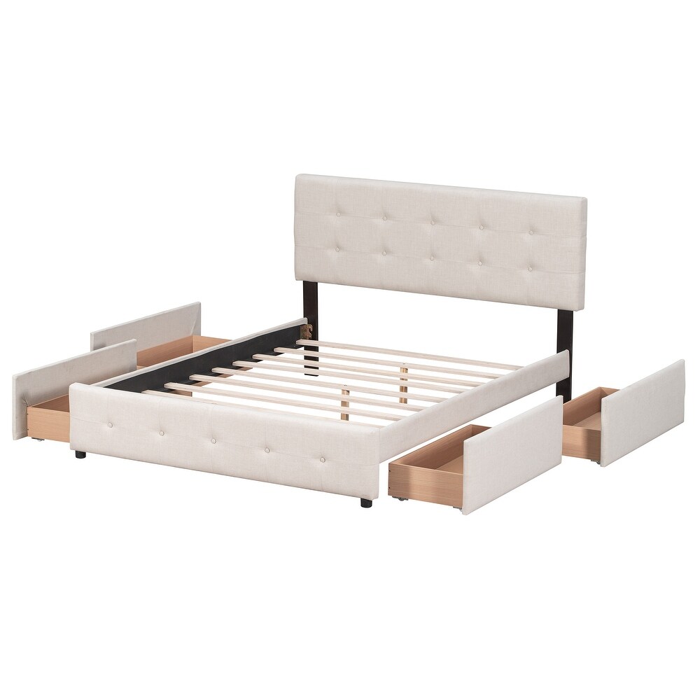 Upholstered Platform Bed with Classic Headboard and 4 Drawers  No Box Spring Needed  Linen Fabric  Queen Size  Light Beige