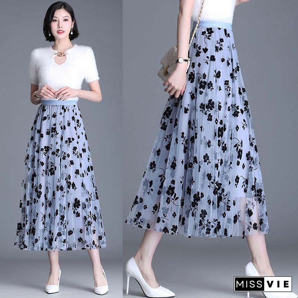 Wome Lace Long Skirt High Waist Tulle Skirts Ladies Summer Casual Loose Elegant Maxi Skirts