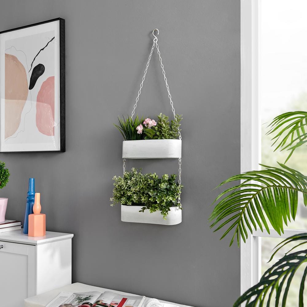 DANYA B Two-Tier Hanging White Metal Trough Wall Planter FHB5731WH