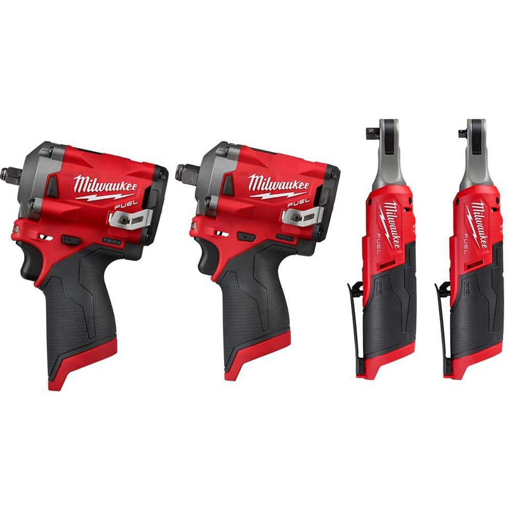 Milwaukee M12 FUEL 12V Li-Ion Brushless Cordless 3/8 in. Impact Wrench, 1/2in. Impact Wrench, High Speed 3/8 in. & 1/4 in. Ratchet 2554-20-2555-20-2567-20-2566-20