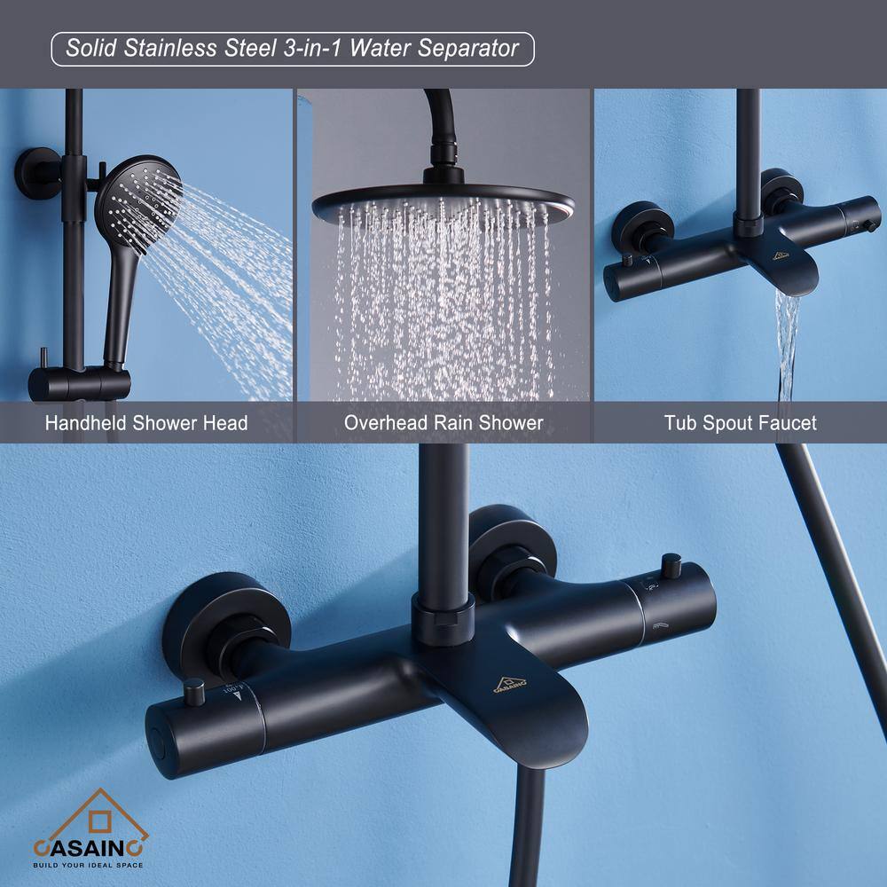 CASAINC 3-Spray Patterns 9 in. Thermostatic Shower Faucet Wall Mount Dual Shower Heads and Tub Faucet in Matte Black HM-T102-RO-MB