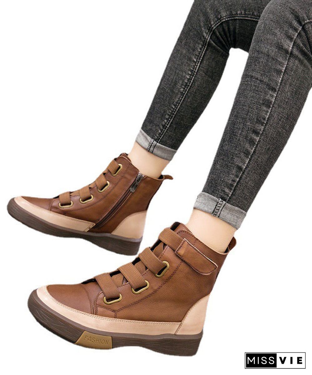 Beautiful Brown Lace Up Platform Boots Splicing Cowhide Leather Ankle boots