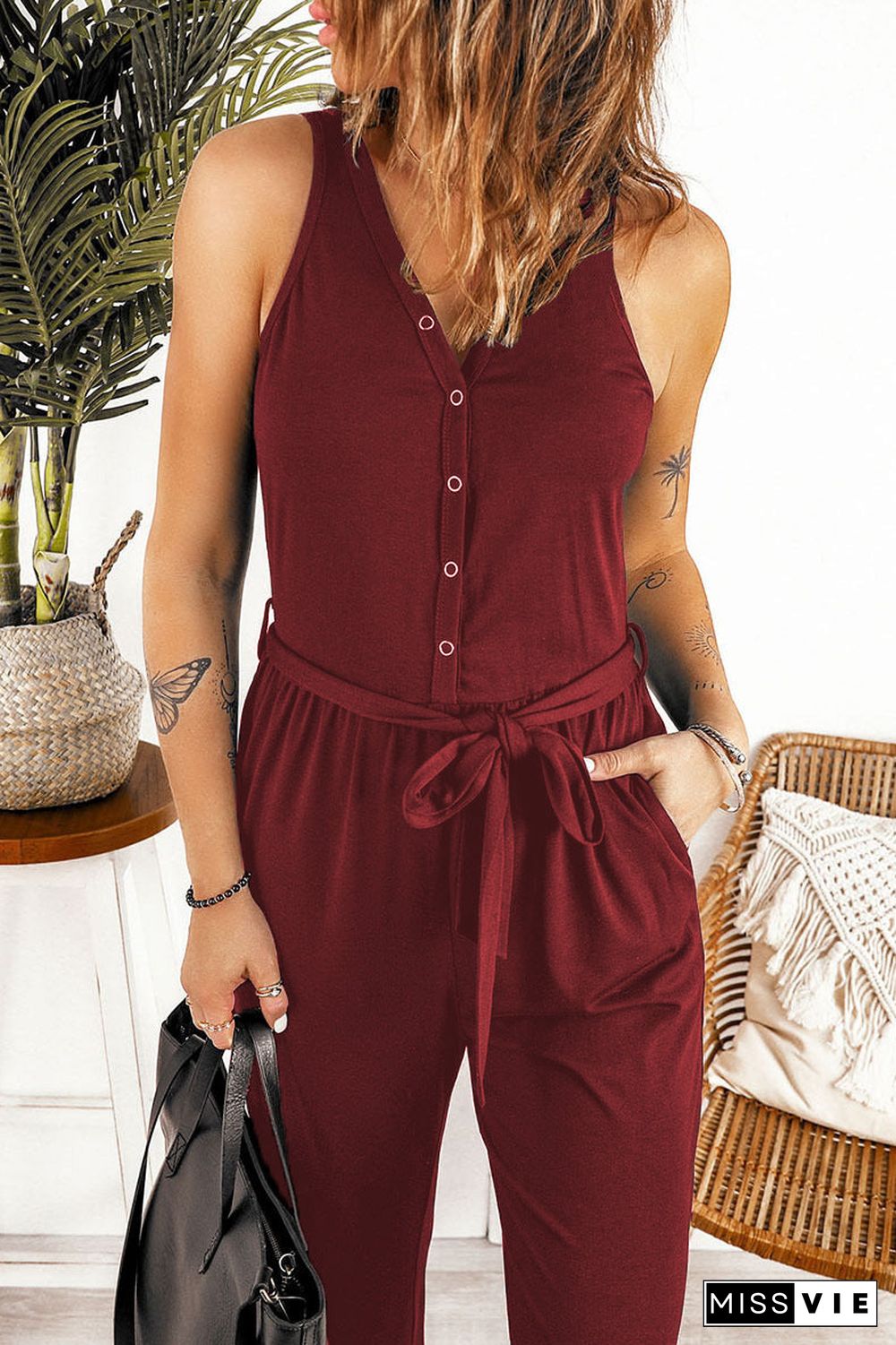 Button Up Sleeveless Tie Front Tank Jumpsuit