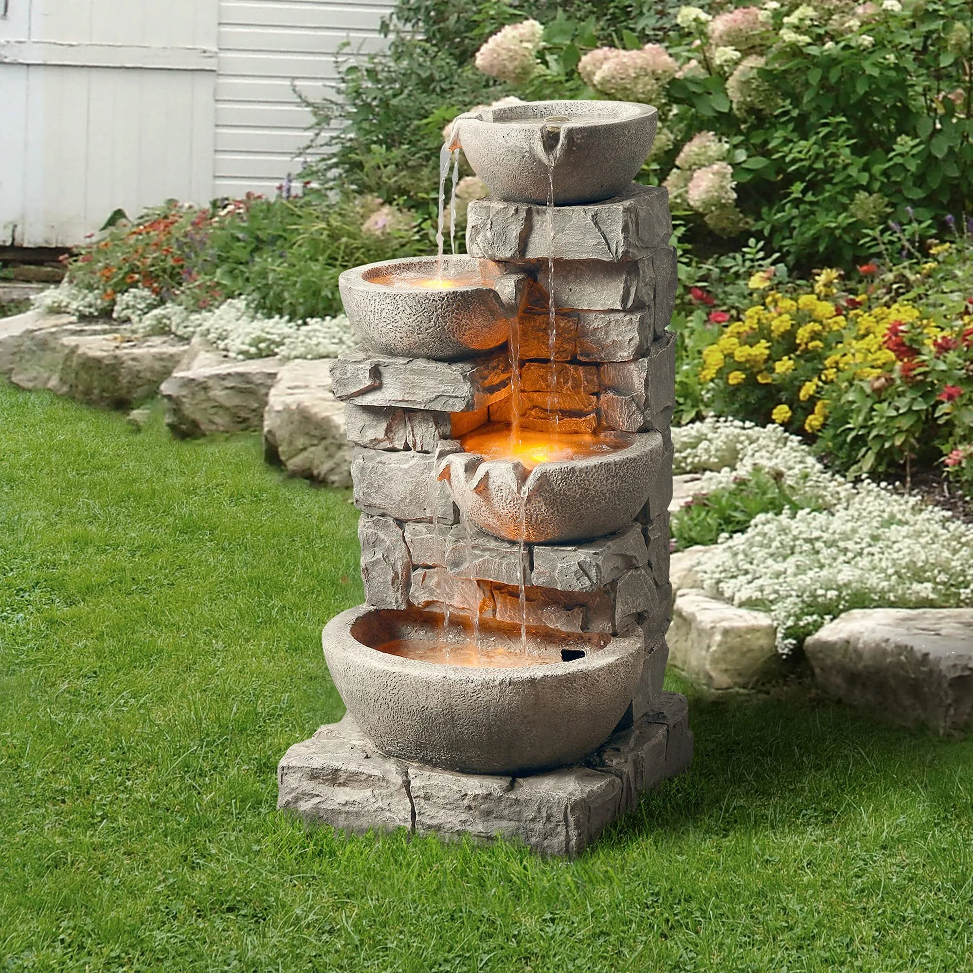 💕Clearance sale💕4 tier bowl floor stacked stone waterfall fountain with LED lights and pump