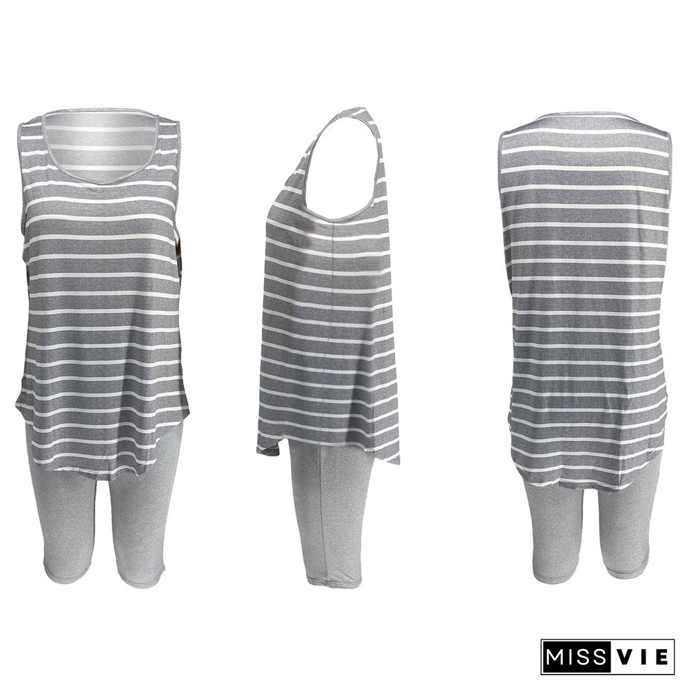 Fashion Stripe Round Neck Vest Five-minute Pants Two-piece Set