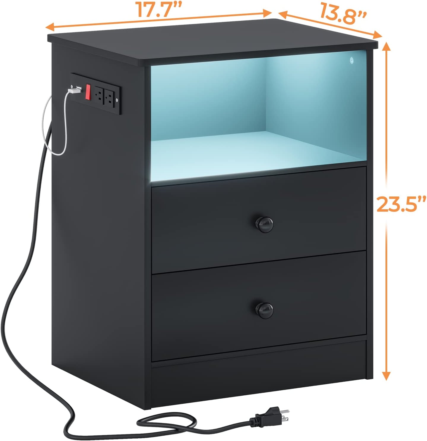 Nightstand with Charging Station and LED Lights, Modern Bedside Table with Drawers and Open Storage,2 USB Charging Ports,Bedroom