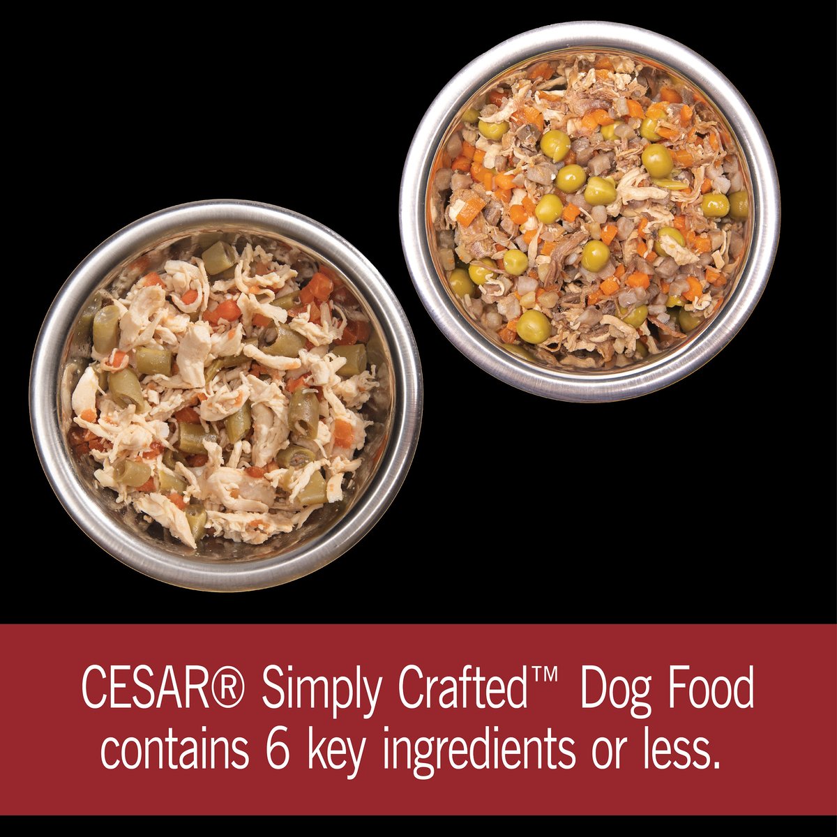 Cesar Simply Crafted Variety Pack Chicken， Carrots and Green Beans and Beef， Chicken， Purple Potatoes， Peas and Carrots Wet Dog Food Topper， 1.3-oz can， 16 count