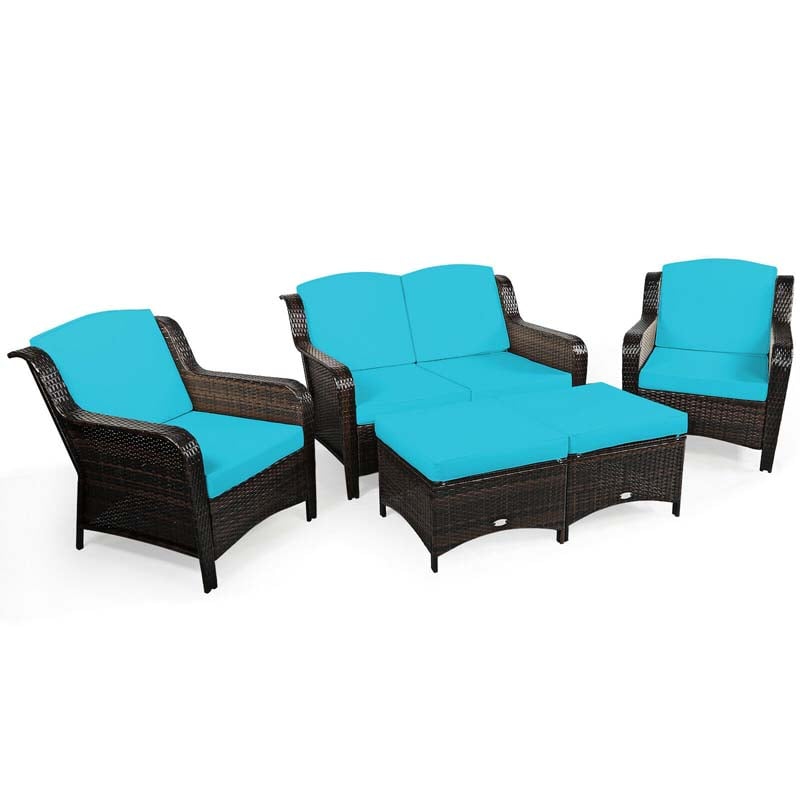 5 Pcs Rattan Wicker Patio Furniture Set with Loveseat, Single Sofas & Ottomans, Outdoor Conversation Sets