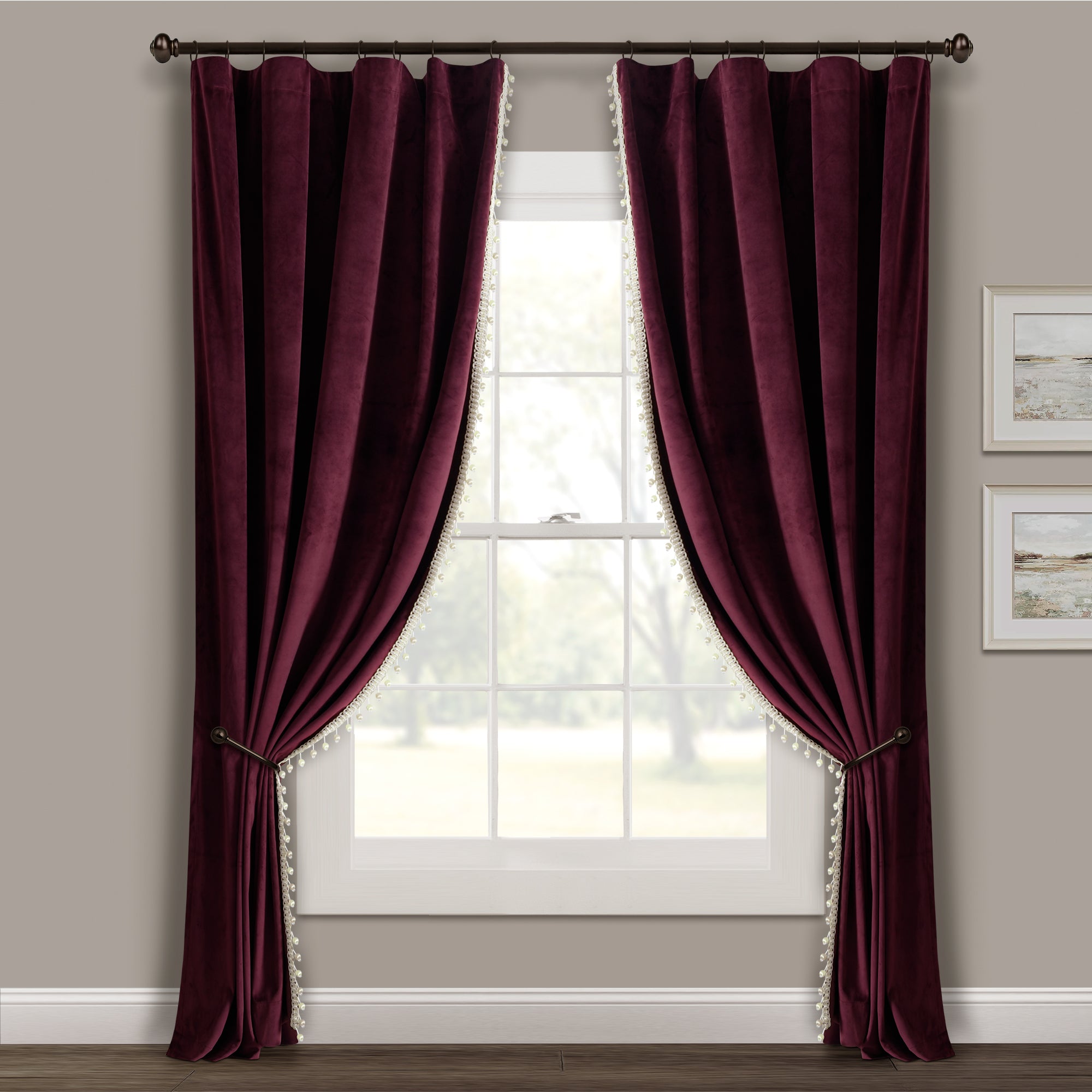 Luxury Vintage Velvet With Silky Pompom Trim Window Curtain Panel