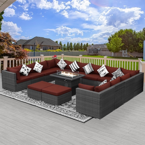 Nicesoul Outdoor Grey Wicker Sectional Furniture Patio Sofa Set with Firepit Table