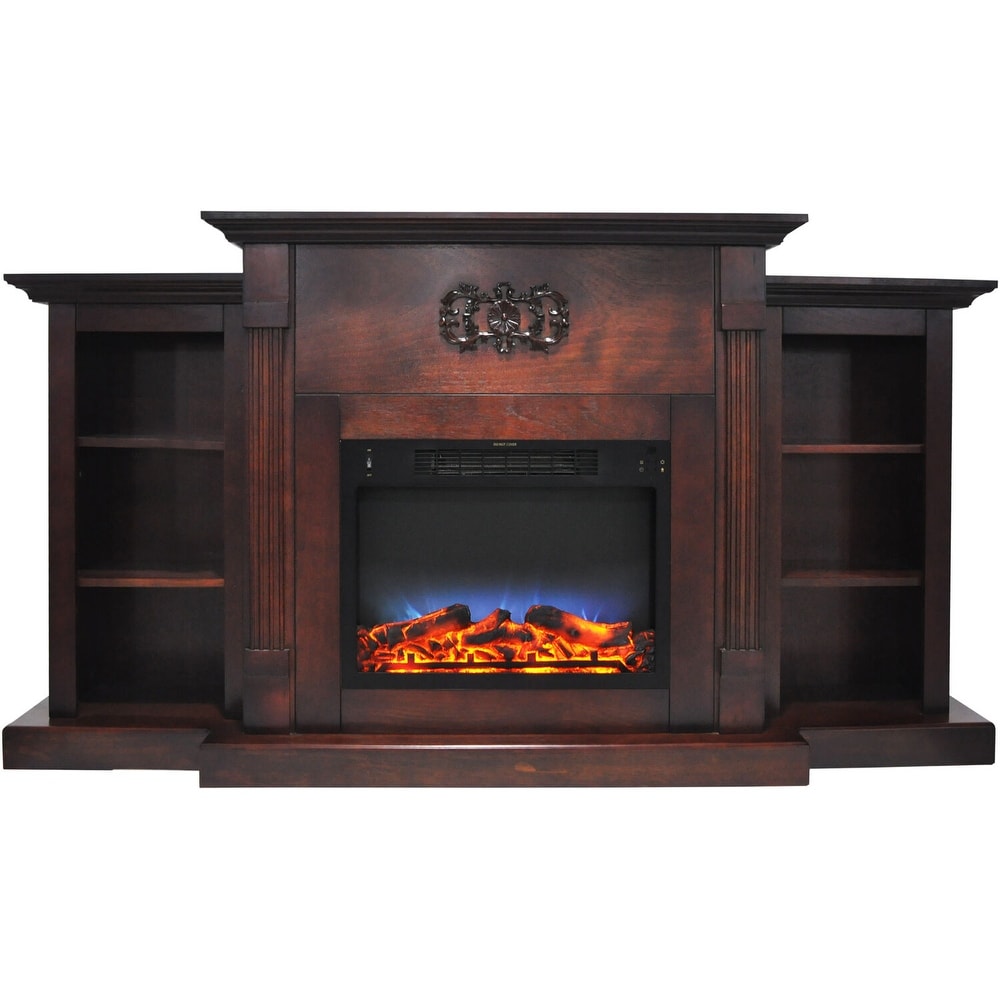 Hanover Classic 72 In. Electric Fireplace in Mahogany with Built in Bookshelves and a Multi Color LED Flame Display