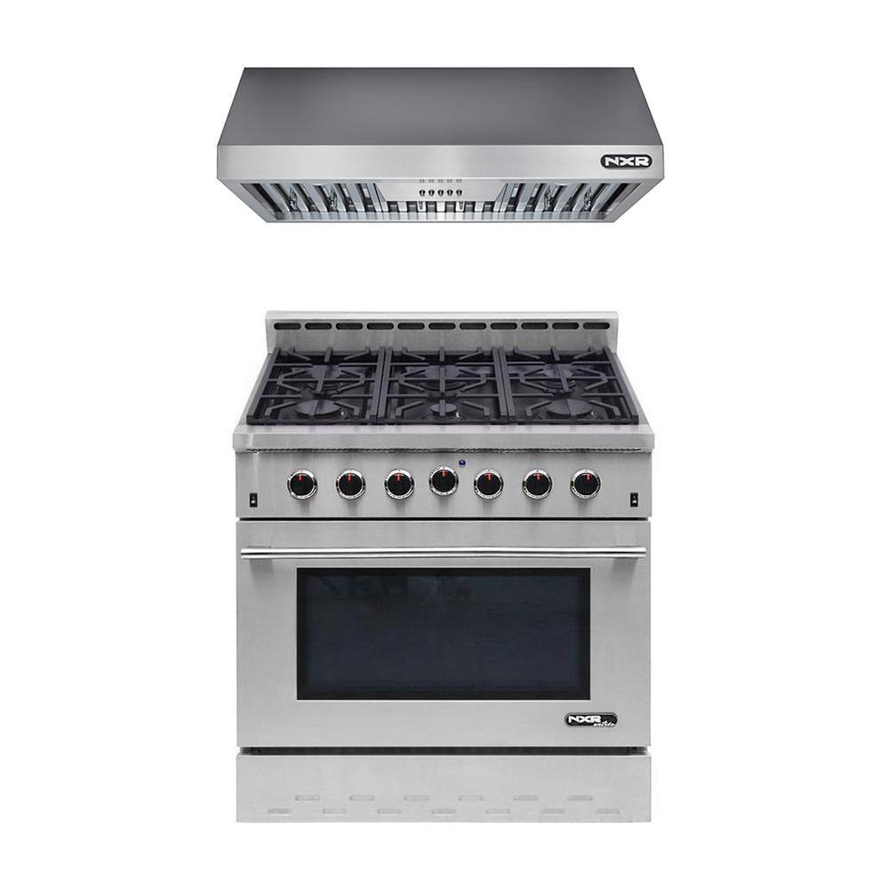 NXR Entree Bundle 36 in. 5.5 cu. ft. Pro-Style Gas Range with Convection Oven and Range Hood in Stainless Steel and Black NK3611EHBD