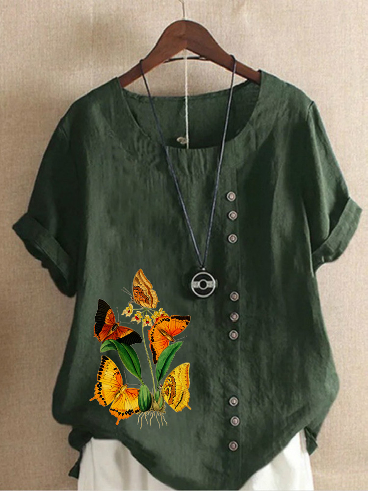 Round Neck Casual Loose Butterfly Short Sleeve Blouse