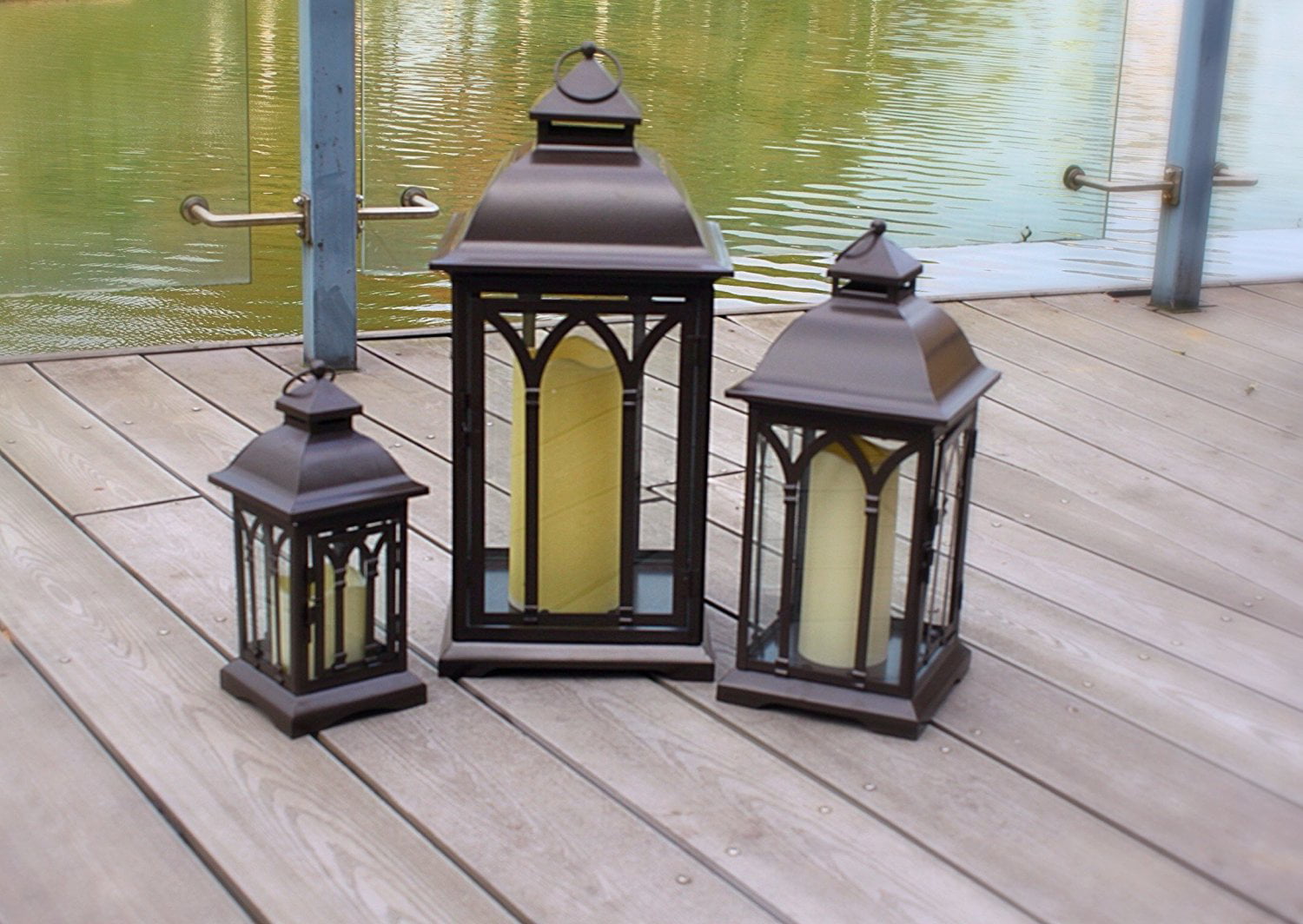 3PC Indoor/Outdoor Bronze Powder-Coated Steel and Tempered Glass Lanterns