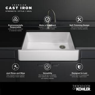 KOHLER Whitehaven Farmhouse Apron Front Self-Trimming Cast Iron 30 in. Single Bowl Kitchen Sink in White with Basin Racks K-6486-0-6638-ST