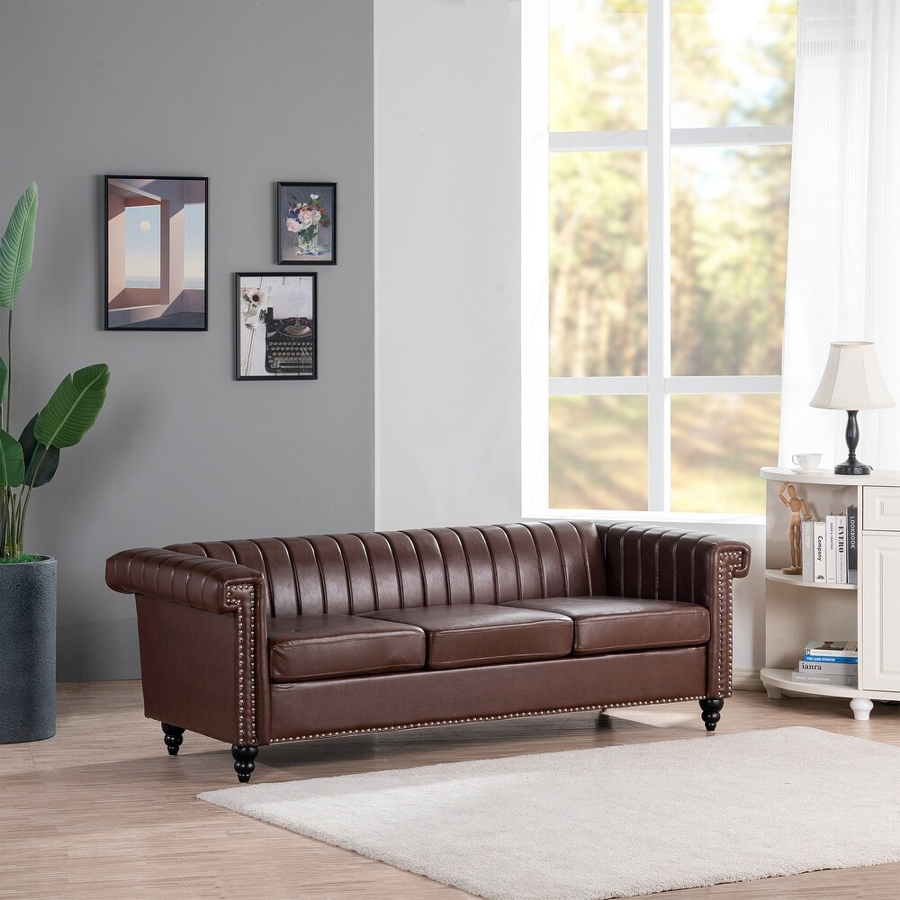 Removable Cushion Couch PU 3 Seater Sofa w/ Nailheads Square Arm  Brown