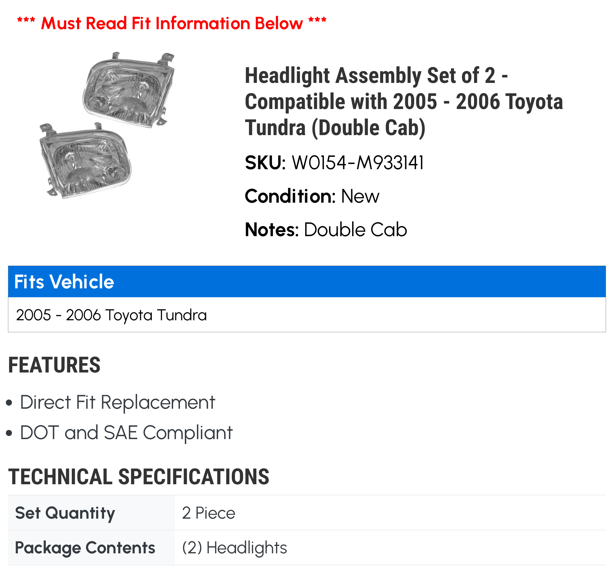 Headlight Assembly Set of 2 - Compatible with 2005 - 2006 Toyota Tundra (Double Cab)