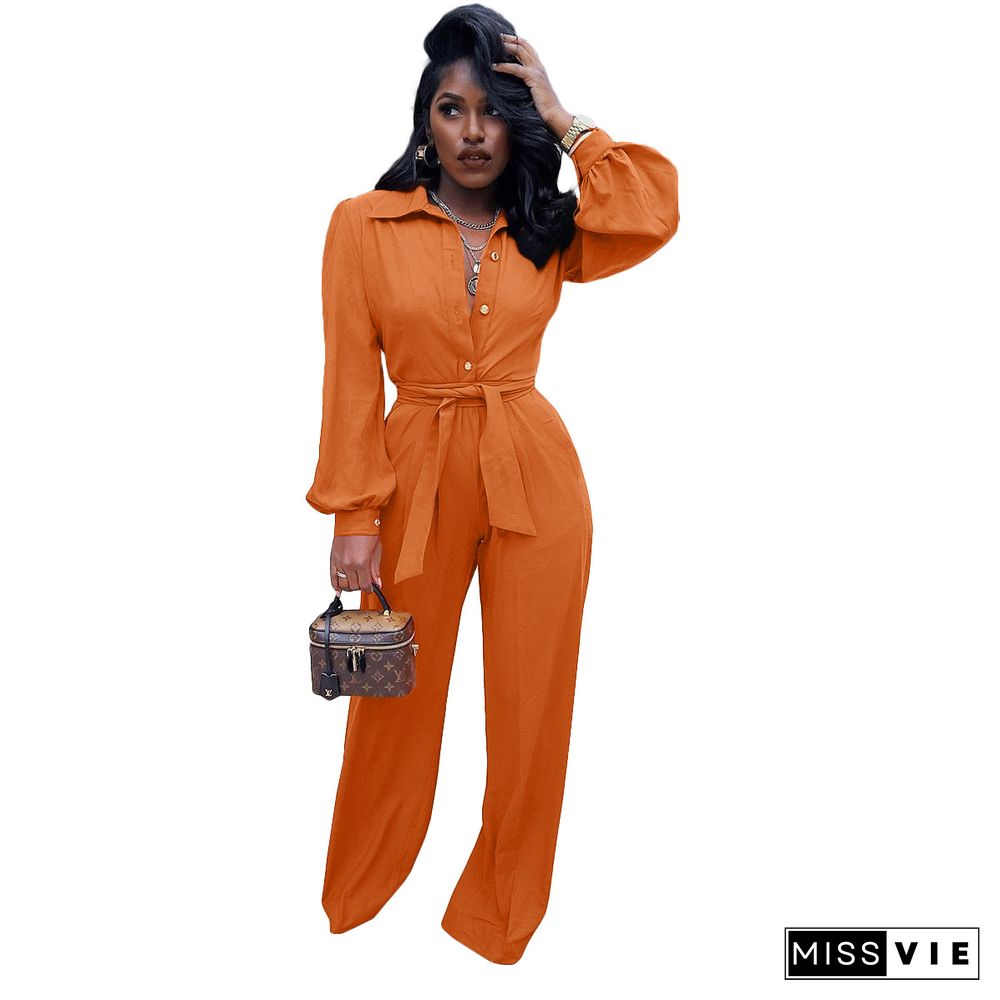 Solid Turn Down Collar Wide Leg Jumpsuit With Belt