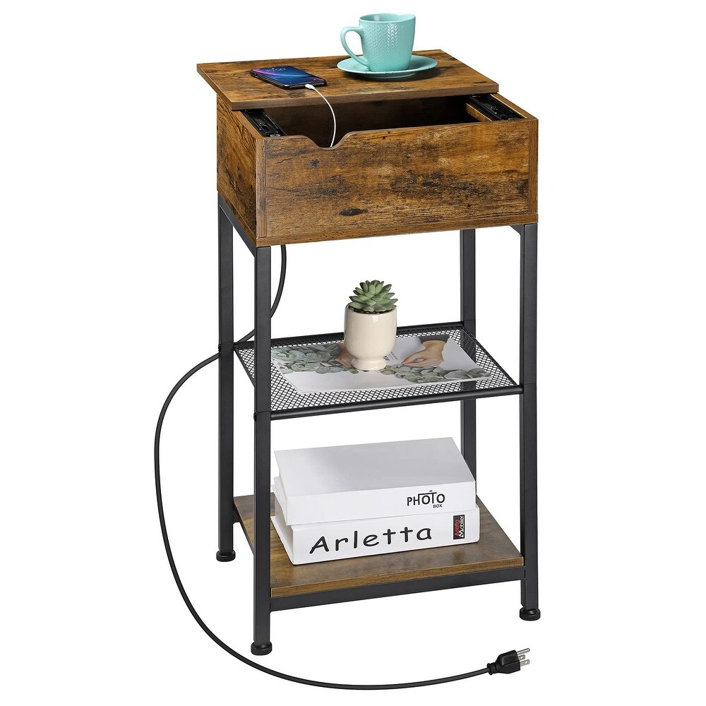 End Table with Charging Station  Bedside Table Nightstand Narrow Sliding Top Side Table with Storage Shelf