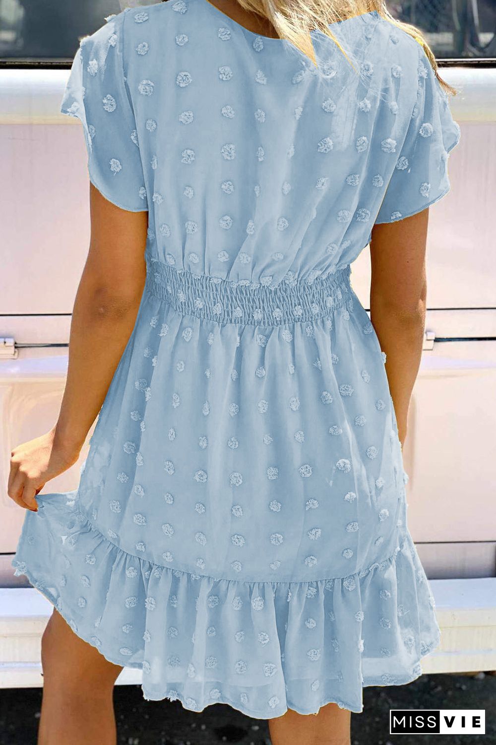 Sky Blue Polka Dot V Neck Ruffled Short Sleeves Mini Dress