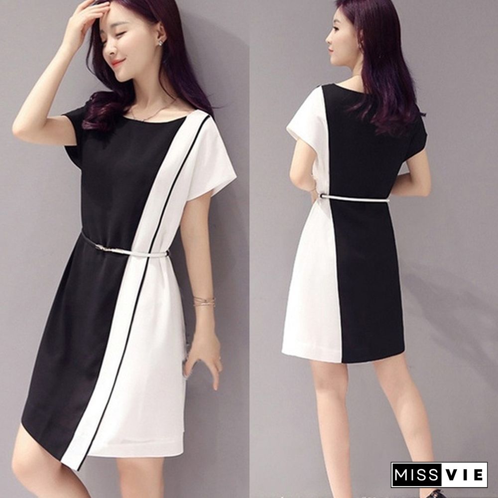 Summer Women Fashion Chiffon Mini Dress Black White Short Sleeve O-Neck Dress