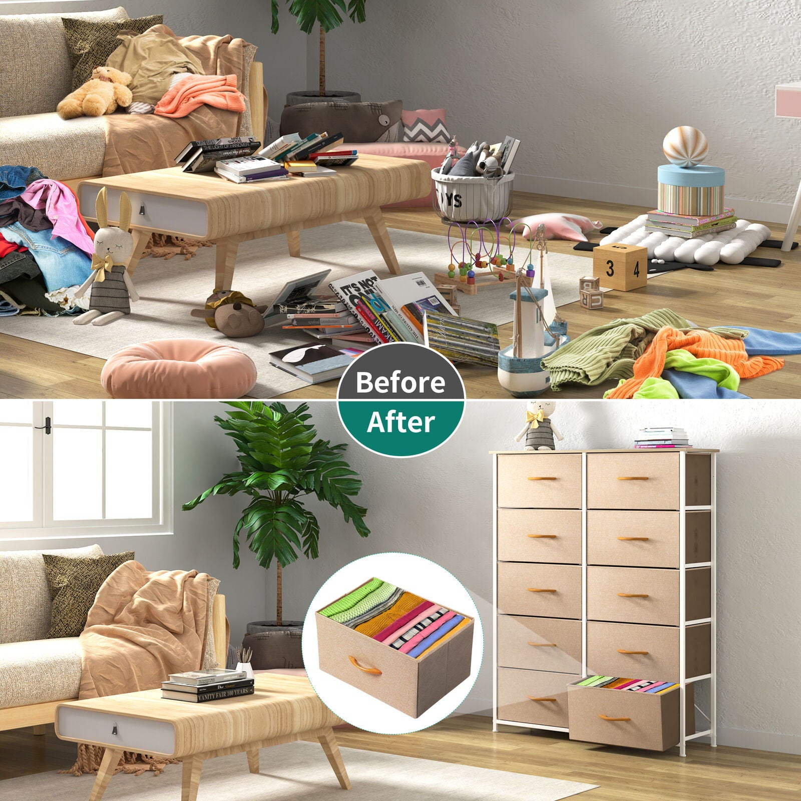 YITAHOME 10 Drawers Dresser Fabric Storage Tower Cabinet Bin Storage Organizer for Closets Bedrooms Kids Room, Beige