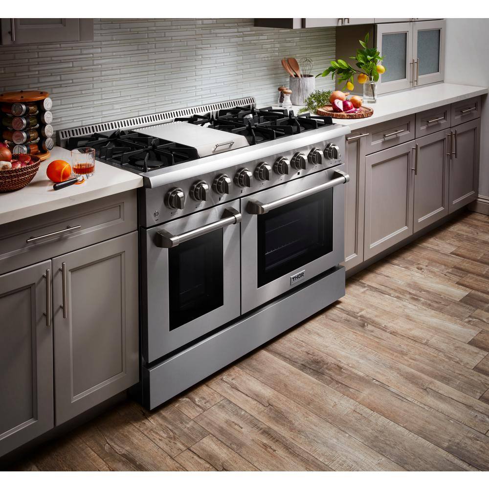 Thor Kitchen Pre-Converted Propane 48 in. 6.7 cu. ft. Double Oven Gas Fuel Range with Convection Oven in Stainless Steel HRG4808ULP