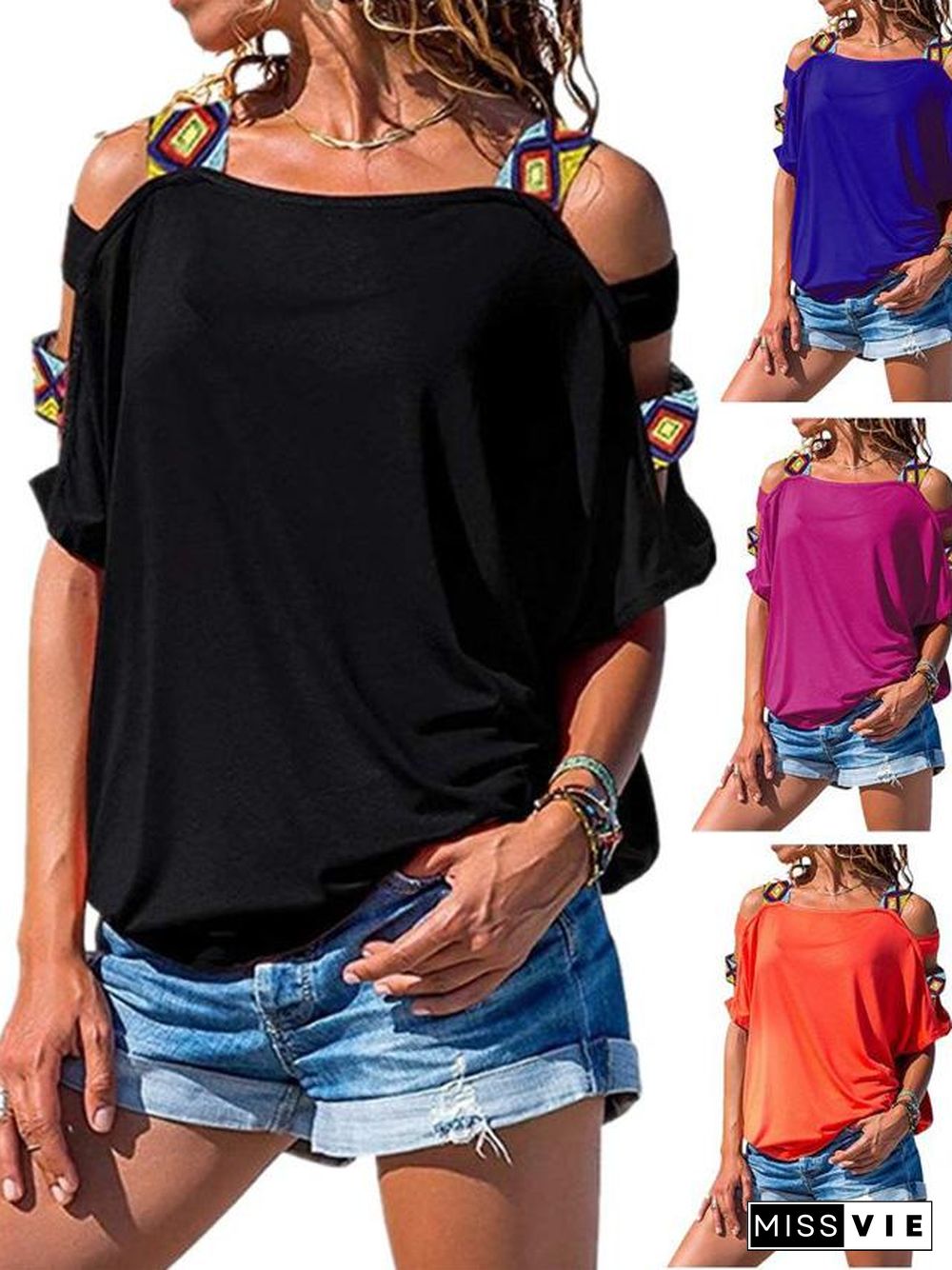 Women's Solid-colored Hollow Short-sleeved Off-the-shoulder T-shirt Top