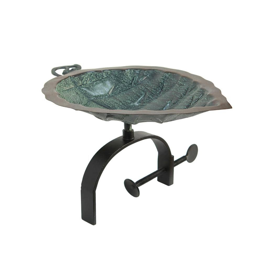 Achla Designs 17 in. Tall Antique Brass Plated Aspen Leaf Birdbath with Over Rail Bracket BB-04-OR