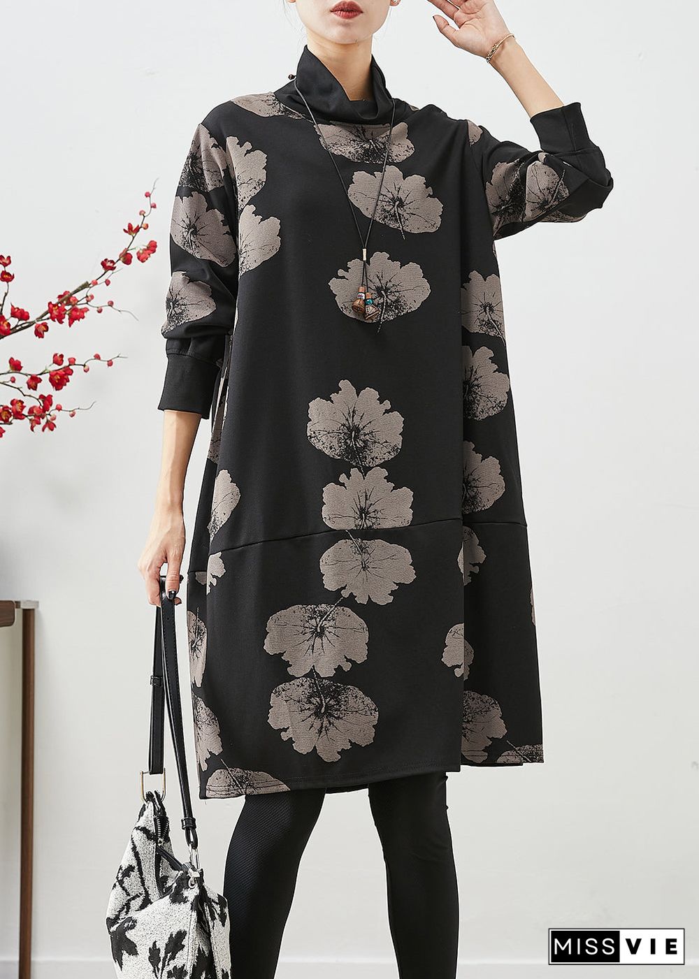 Women Black Turtle Neck Print Cotton Dresses Fall