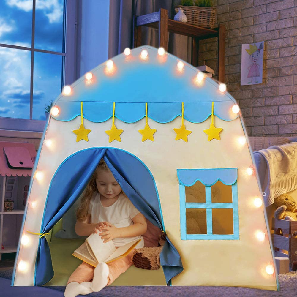 Kids Play Tent for Girls Boys 420D Oxford Fabric Princess Playhouse Blue Castle Play Tent Children Fairy Tale Teepee Tent Indoor Outdoor with Carry Bag, Star Lights NOT Included