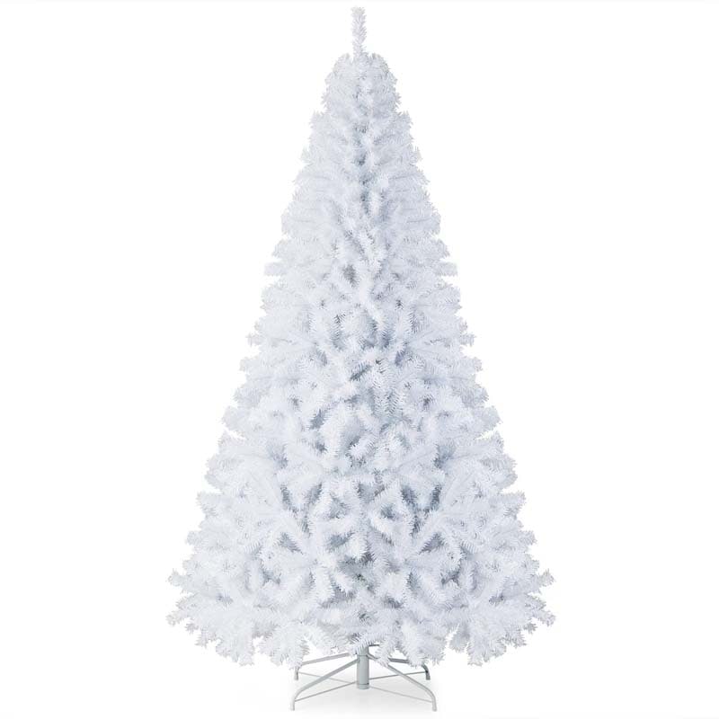 6/7.5/9FT White Hinged Artificial Christmas Tree, Premium Unlit Spruce Full Tree with Metal Stand