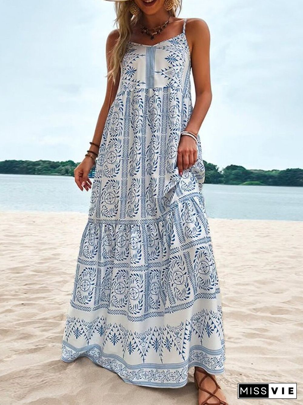 Sexy V Neck Sleeveless Chic Ethnic Boho Dress Summer Elegant Print Off Shoulder Long Party Dress Casual Sling A-Line Beach Dress