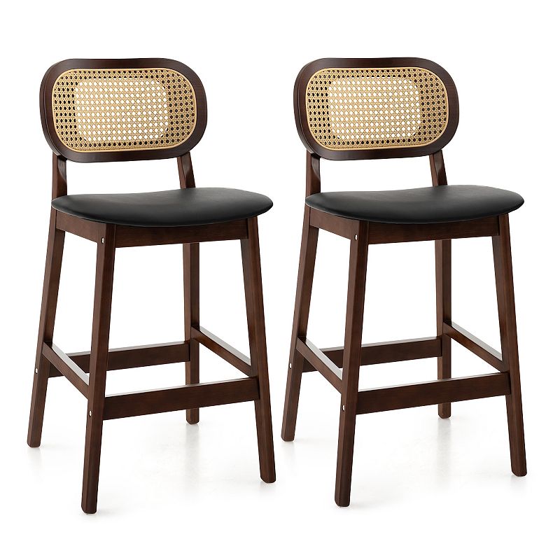 Wood Bar Chairs With Pe Rattan Backrest  Padded Seat And Footrest-brown