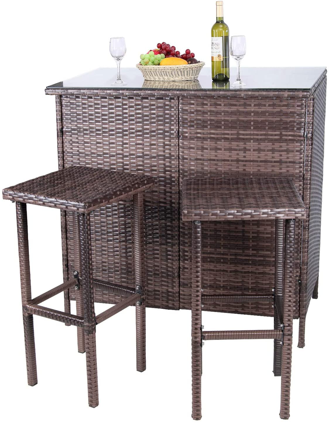 Polar Aurora 3PCS Patio Bar Set with Stools Glass Table top Wicker Outdoor Furniture with Cushions for Garden， Poolside， Beige