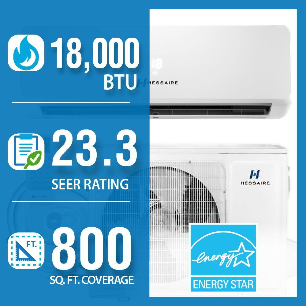 Hessaire DIY 23.3 SEER 18000 BTU Wi-Fi 1.5-Ton Ductless Mini Split Air Conditioner Heat Pump Variable Speed Inverter-208V230V H18E2