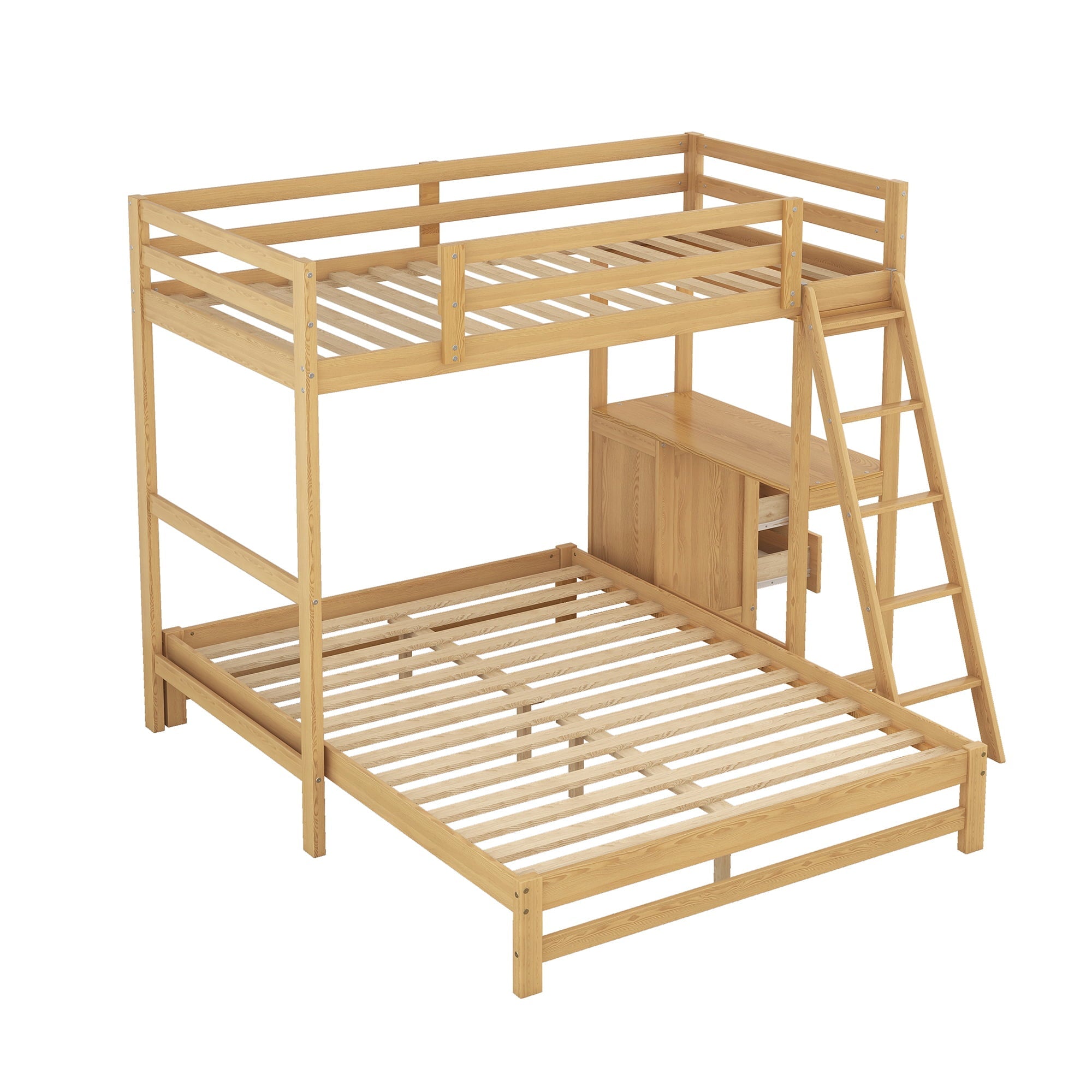 EUROCO Twin over Full Bunk Bed with Desk and Drawers for Kids, Natural