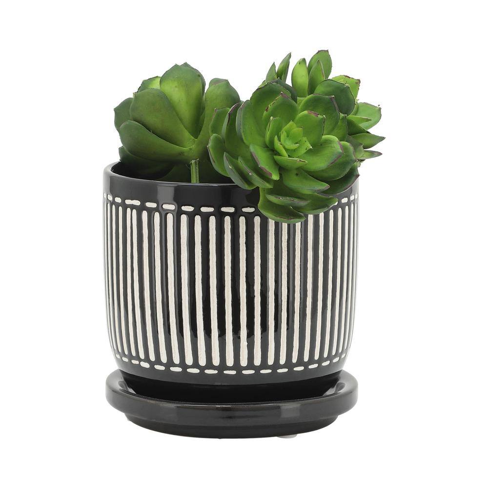 Flynama 5 in. 6 in. Black Stripes Ceramic Planter Stand Plant Pot for OutdoorIndoor Stand (2-Pack) JX-79106868