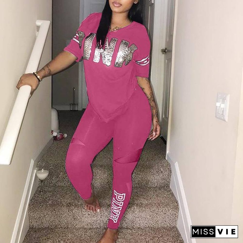 Casual 2 Piece Sets Women's Suit Tracksuits Set Pink Letter Print Plus Size Sweatsuit 3XL Top And Skinny Pants 2pcs Outfits