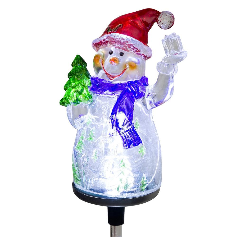 Alpine Corporation 34 in. Tall Solar Snowman Fiber Optic Garden Stake with LED Lights, Set of 2 QLP1103SLR-2