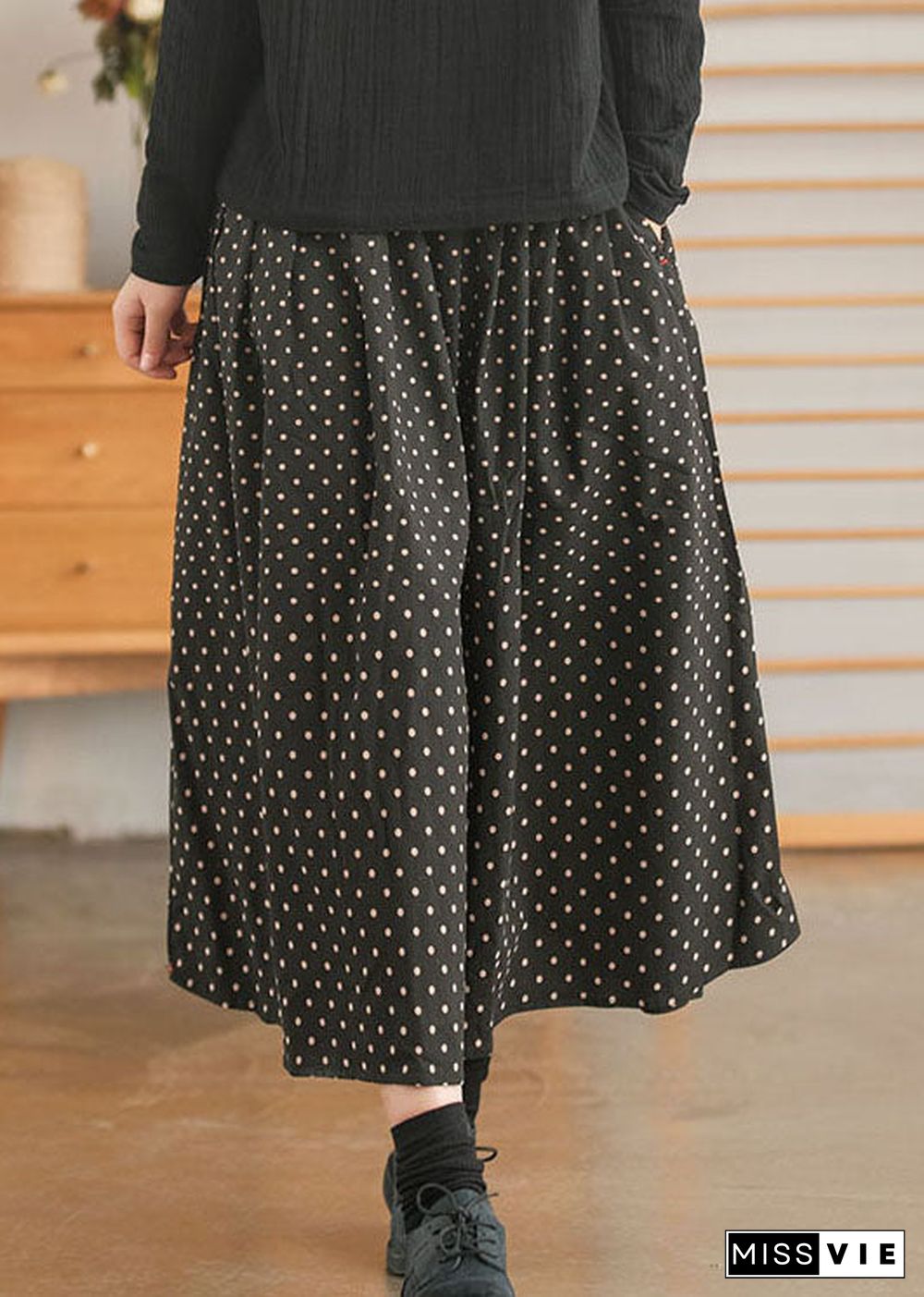 Retro Black elastic waist Pockets dot print Skirt Spring